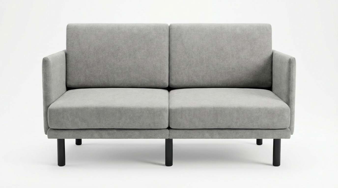 Morphy Sofa two-seat module shown from the front, featuring clean lines, grey upholstery, and metal legs