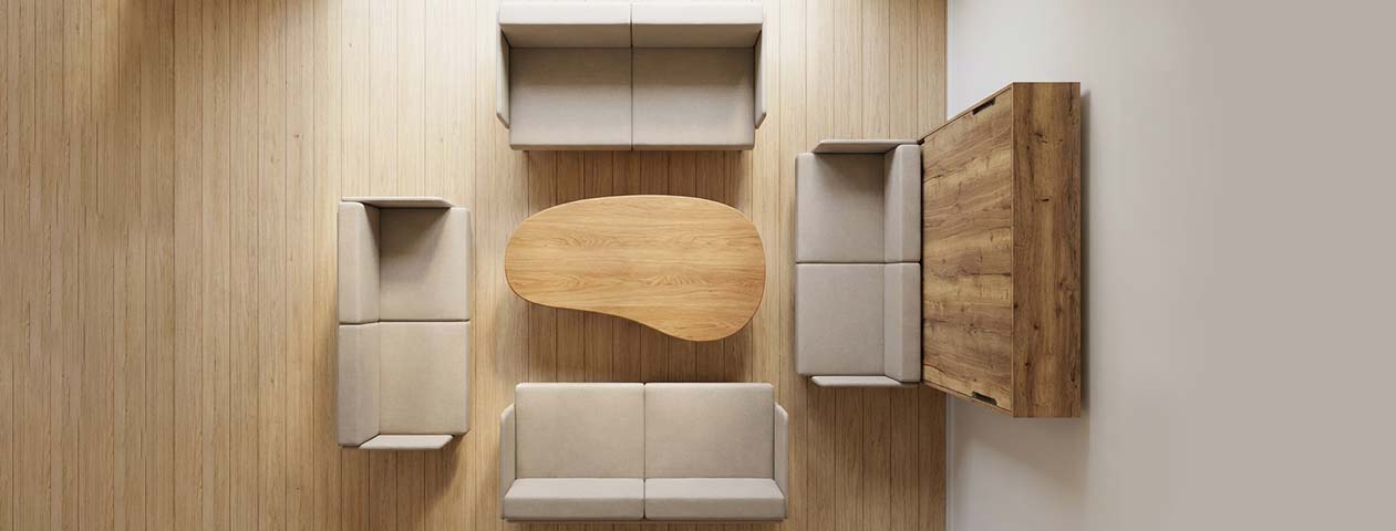 Morphy Sofa modular configuration showing armchair, two-seater, L-shaped and U-shaped layouts within a compact living space