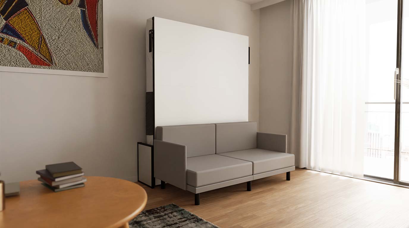 Morphy Sofa positioned in front of an upright Morphy wall bed, showing system compatibility for space-saving living