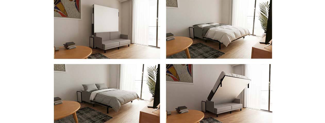 Four-step sequence showing a Morphy Sofa positioned in front of a wall bed, with the bed lowering and unfolding over the sofa without moving it