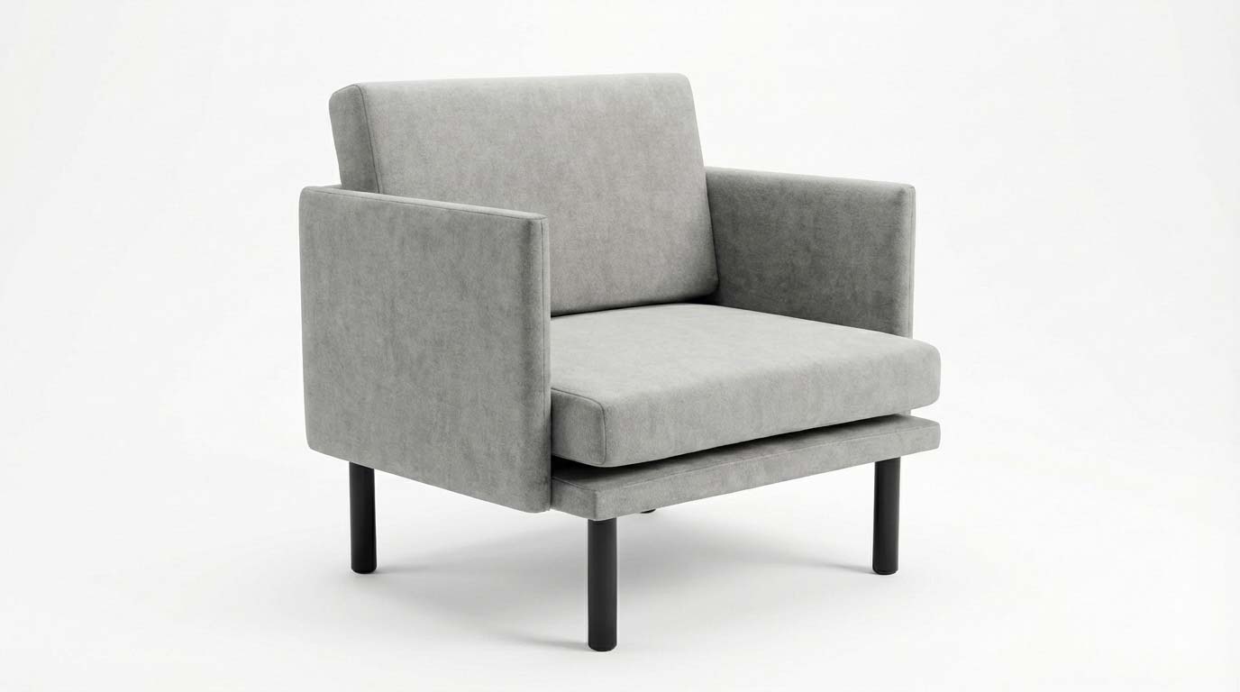 Single Morphy Sofa armchair module shown from an angled view, upholstered in grey fabric with black metal legs