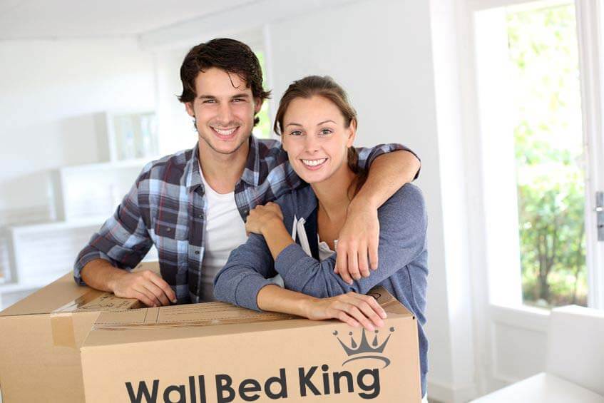 A couple with a wall bed king flat-packed wall bed kit